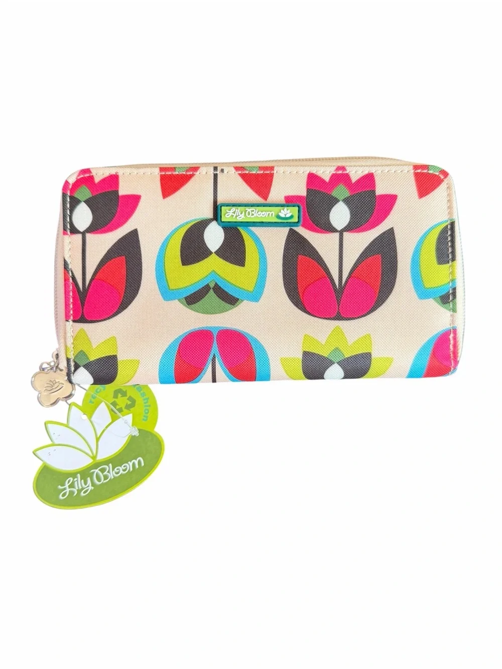 Lily Bloom Beige Floral Zip Wallet with Pink & Green Accents 8” x 4.5”